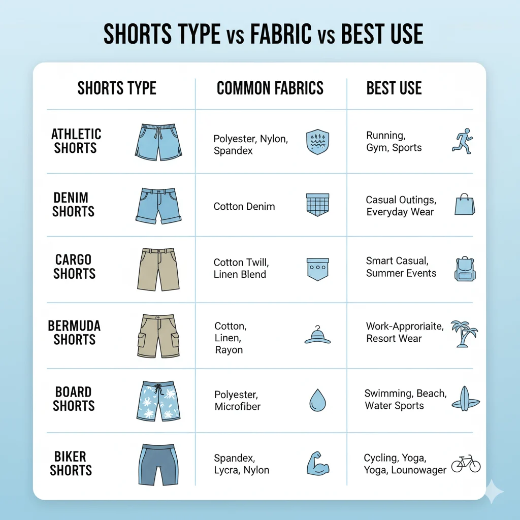 Shorts Type vs Fabric vs Best Use - InfoGraphic